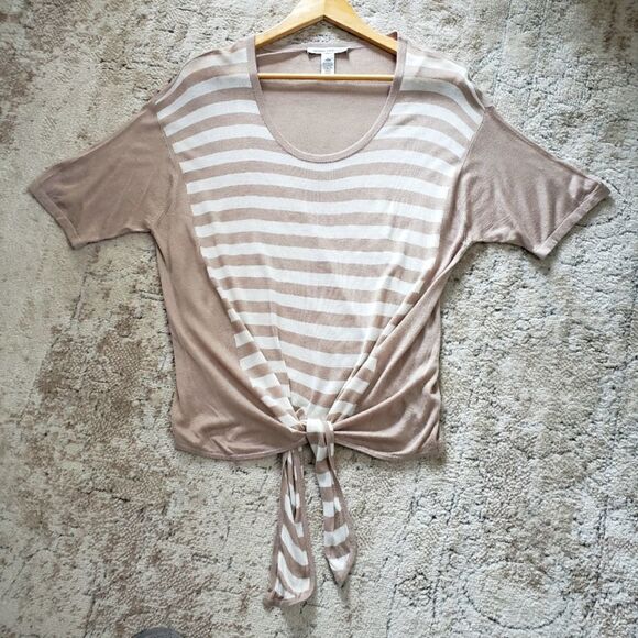 Autumn Cashmere Large Beige White Lightweight Striped Short Sleeve Top Sweater - Picture 1 of 8